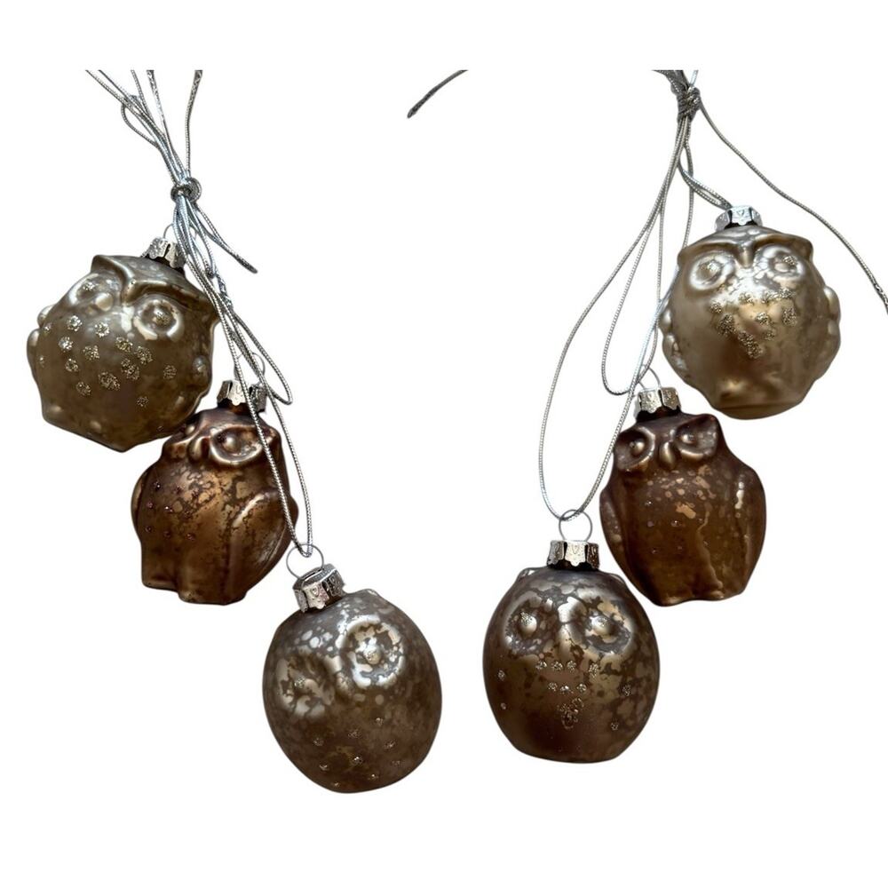 6 Christmas Ornament Glass Owl Cluster Raz Imports Silver Copper Gold Antiqued